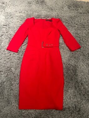 Karen Millen Red Square-Neck Sheath Dress with Belt